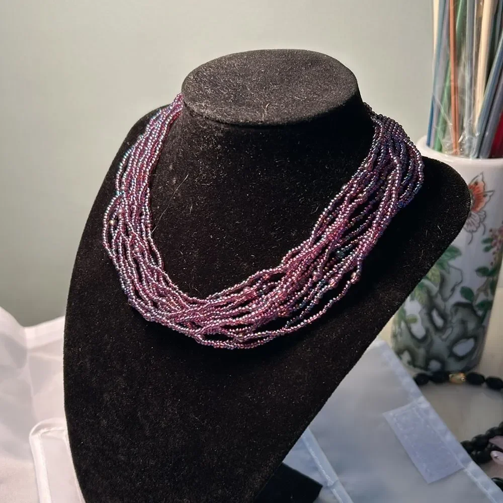 Iridescent purple seed bead 12-strand choker - handmade statement piece